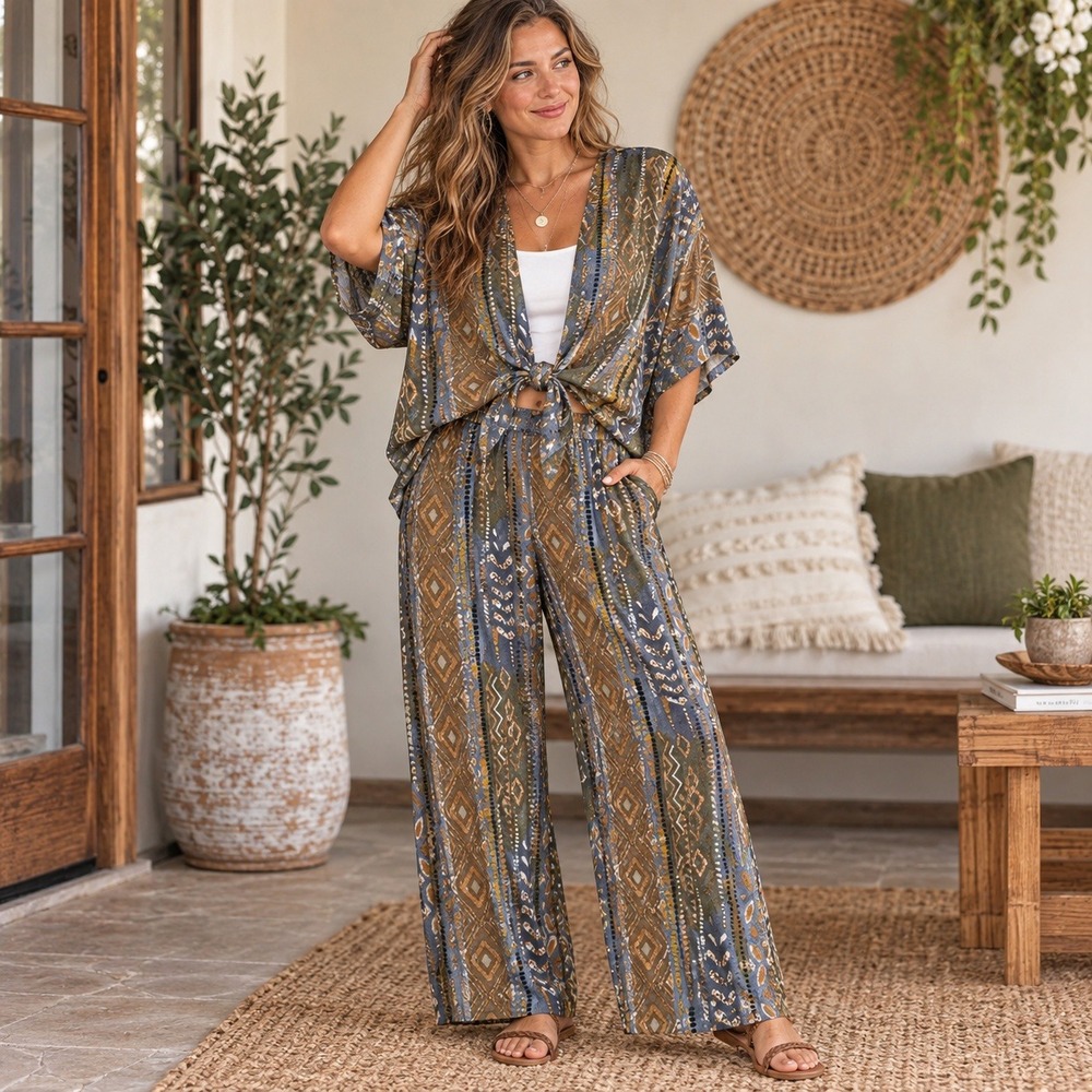 Serengeti 2 Piece Set Geometric Print Sheer Tie Front Top Wide Leg Pants L 1X